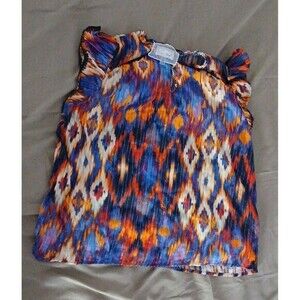 Cupio Blush Women Top 1X Blue Geometric Sleeveless Blouse Orange Shirt Sheer‎